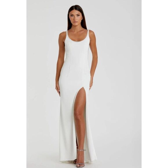 Ieena Mac Duggal White Scoop Neck Sleeveless Ball Gown Sz 2 Maxi Bride High Slit - Picture 1 of 8